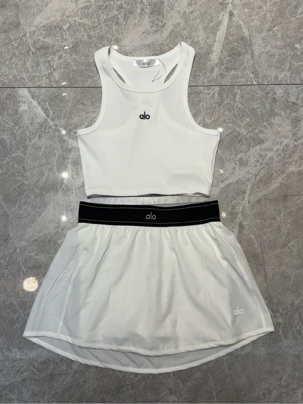 ALO Yoga White Crop Tank and White Skort with Black Waistband